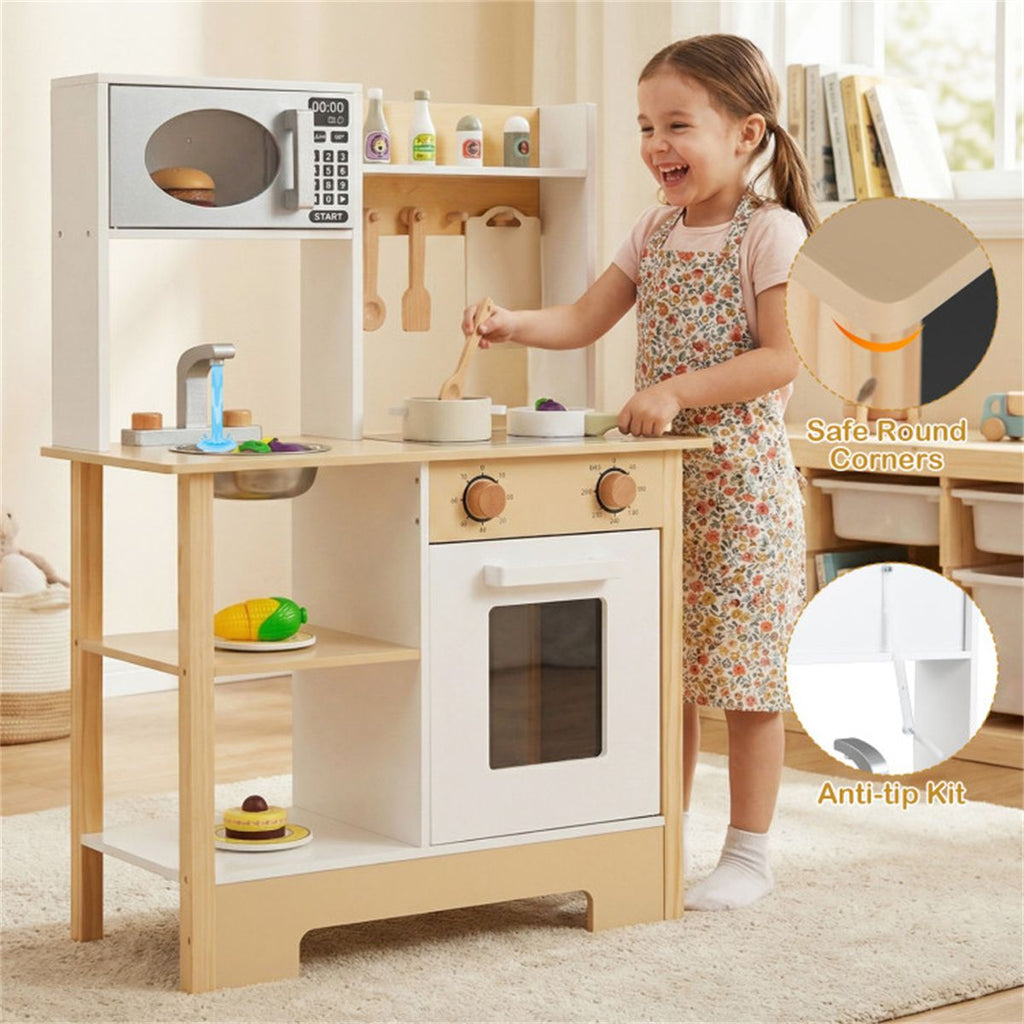 inQ Boutique - Kids Wooden Play Kitchen with 13 Accessories, Pretend Cooking Set with Chalkboard for 3+, White + Natural