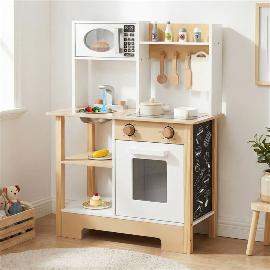 inQ Boutique - Kids Wooden Play Kitchen with 13 Accessories, Pretend Cooking Set with Chalkboard for 3+, White + Natural