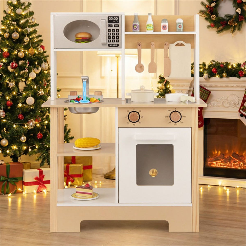 inQ Boutique - Kids Wooden Play Kitchen with 13 Accessories, Pretend Cooking Set with Chalkboard for 3+, White + Natural