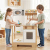 inQ Boutique - Kids Wooden Play Kitchen with 13 Accessories, Pretend Cooking Set with Chalkboard for 3+, White + Natural
