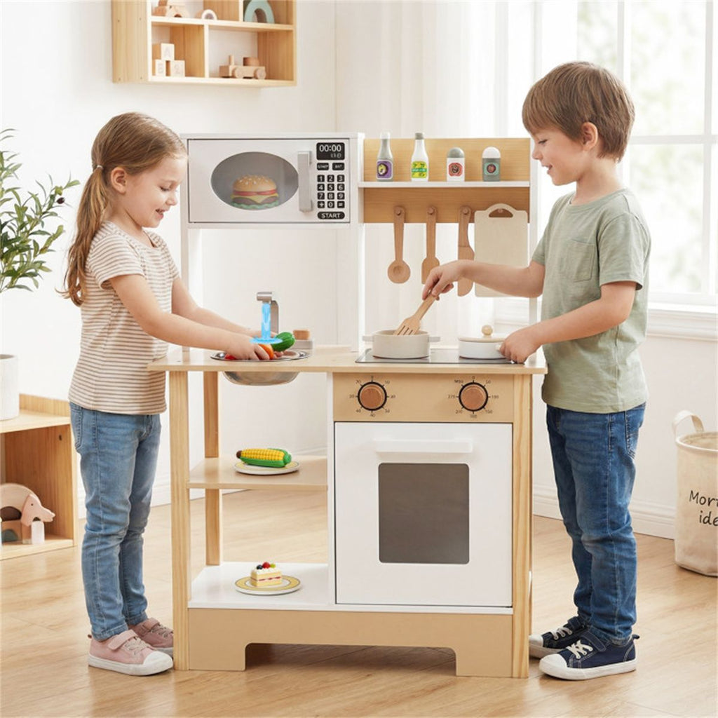 inQ Boutique - Kids Wooden Play Kitchen with 13 Accessories, Pretend Cooking Set with Chalkboard for 3+, White + Natural