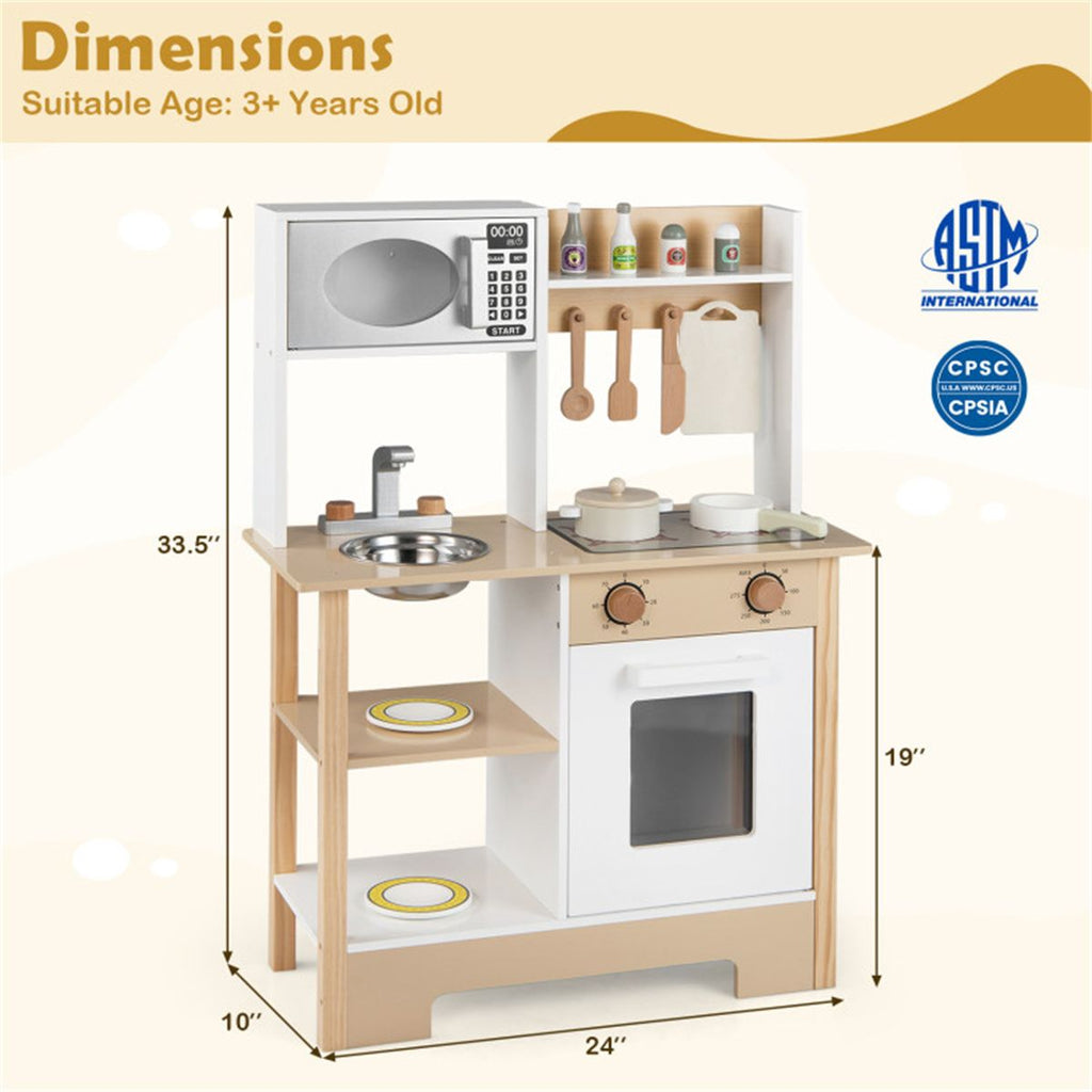 inQ Boutique - Kids Wooden Play Kitchen with 13 Accessories, Pretend Cooking Set with Chalkboard for 3+, White + Natural