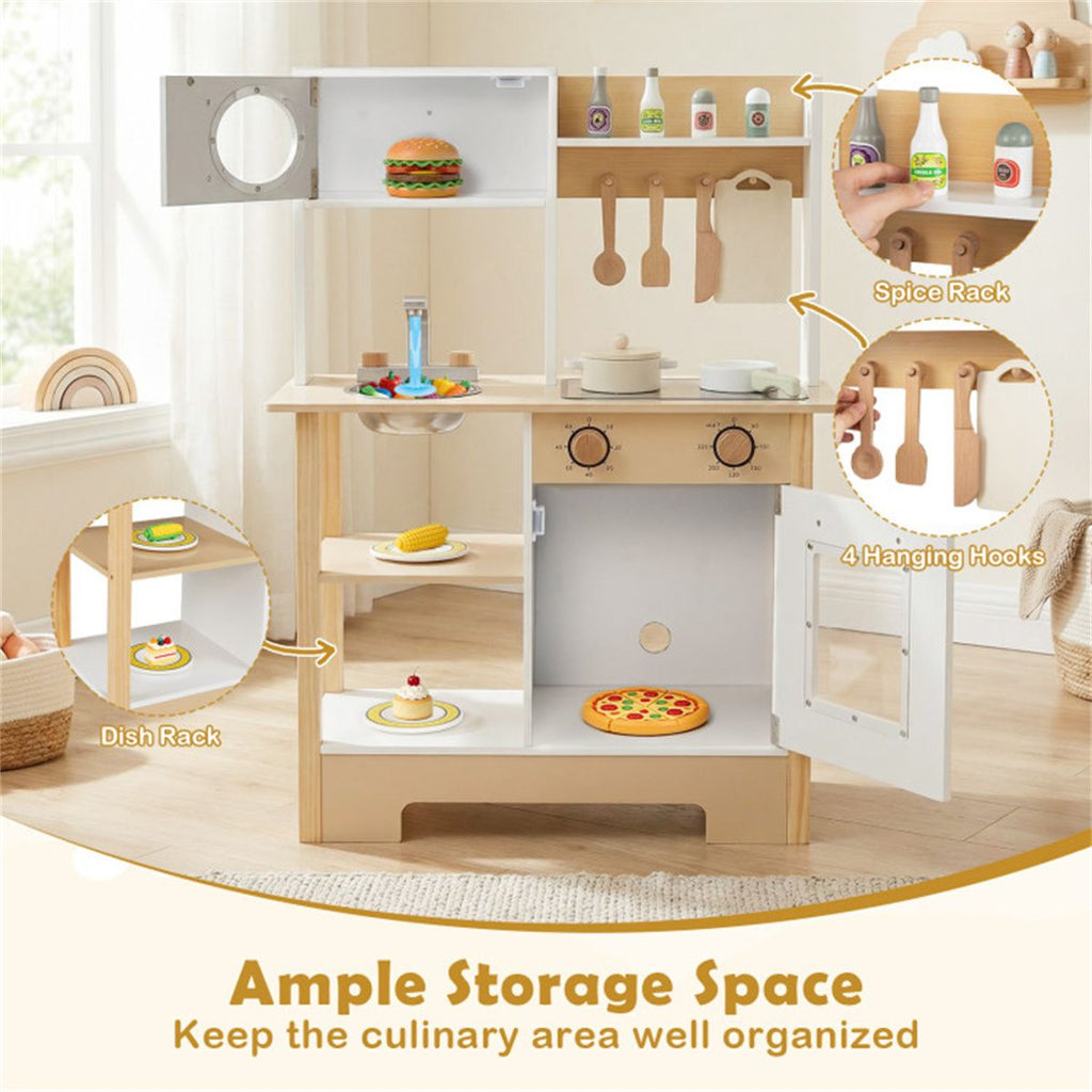 inQ Boutique - Kids Wooden Play Kitchen with 13 Accessories, Pretend Cooking Set with Chalkboard for 3+, White + Natural