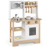 inQ Boutique - Kids Wooden Play Kitchen with 13 Accessories, Pretend Cooking Set with Chalkboard for 3+, White + Natural