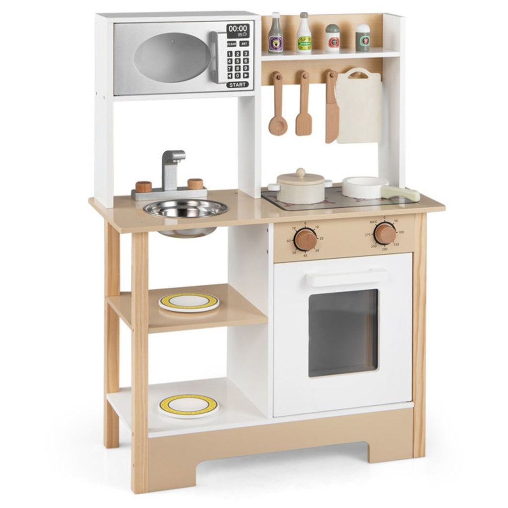 inQ Boutique - Kids Wooden Play Kitchen with 13 Accessories, Pretend Cooking Set with Chalkboard for 3+, White + Natural