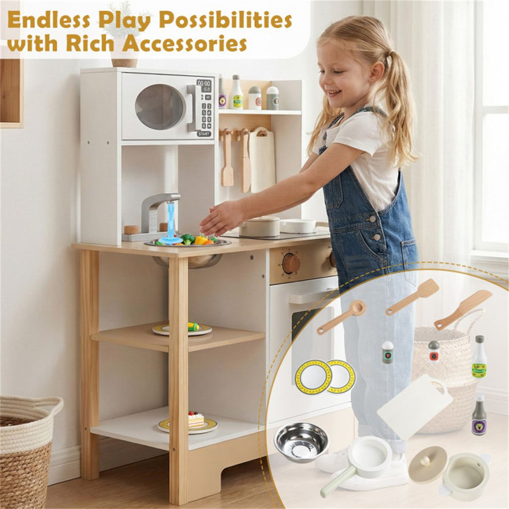 inQ Boutique - Kids Wooden Play Kitchen with 13 Accessories, Pretend Cooking Set with Chalkboard for 3+, White + Natural