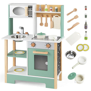inQ Boutique - Kids Wooden Play Kitchen with 13 Accessories, Pretend Cooking Set with Chalkboard for 3+, Green+White