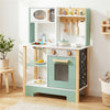 inQ Boutique - Kids Wooden Play Kitchen with 13 Accessories, Pretend Cooking Set with Chalkboard for 3+, Green+White