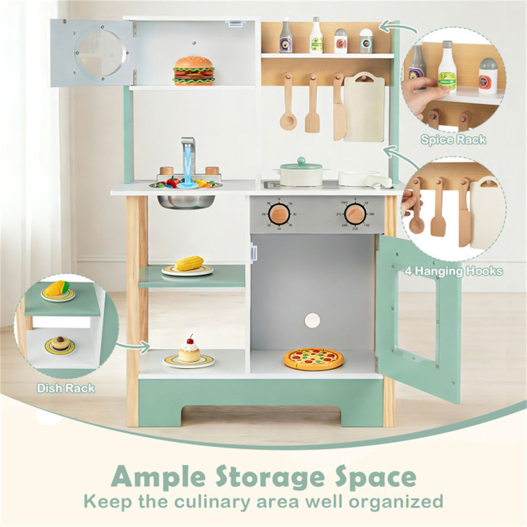 inQ Boutique - Kids Wooden Play Kitchen with 13 Accessories, Pretend Cooking Set with Chalkboard for 3+, Green+White