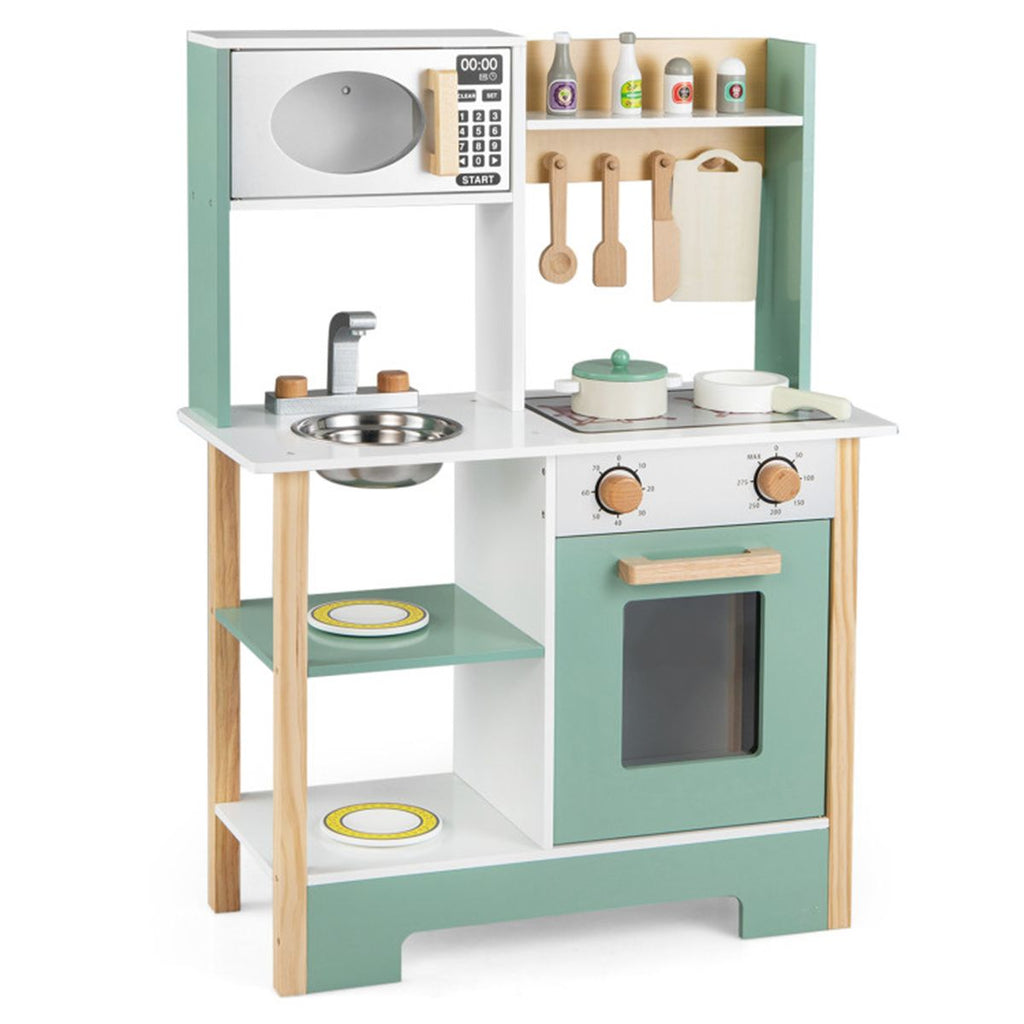 inQ Boutique - Kids Wooden Play Kitchen with 13 Accessories, Pretend Cooking Set with Chalkboard for 3+, Green+White
