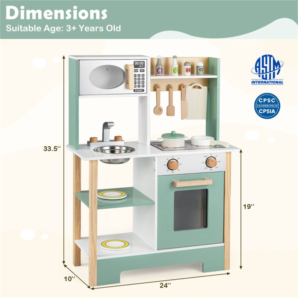 inQ Boutique - Kids Wooden Play Kitchen with 13 Accessories, Pretend Cooking Set with Chalkboard for 3+, Green+White