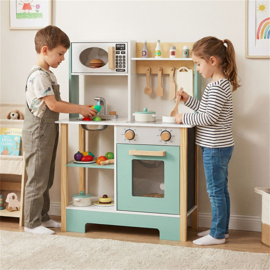 inQ Boutique - Kids Wooden Play Kitchen with 13 Accessories, Pretend Cooking Set with Chalkboard for 3+, Green+White