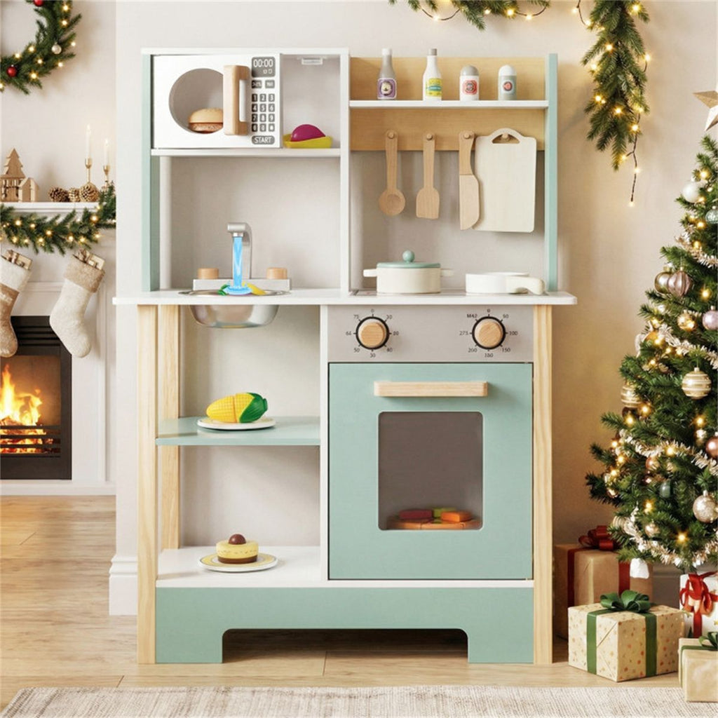 inQ Boutique - Kids Wooden Play Kitchen with 13 Accessories, Pretend Cooking Set with Chalkboard for 3+, Green+White