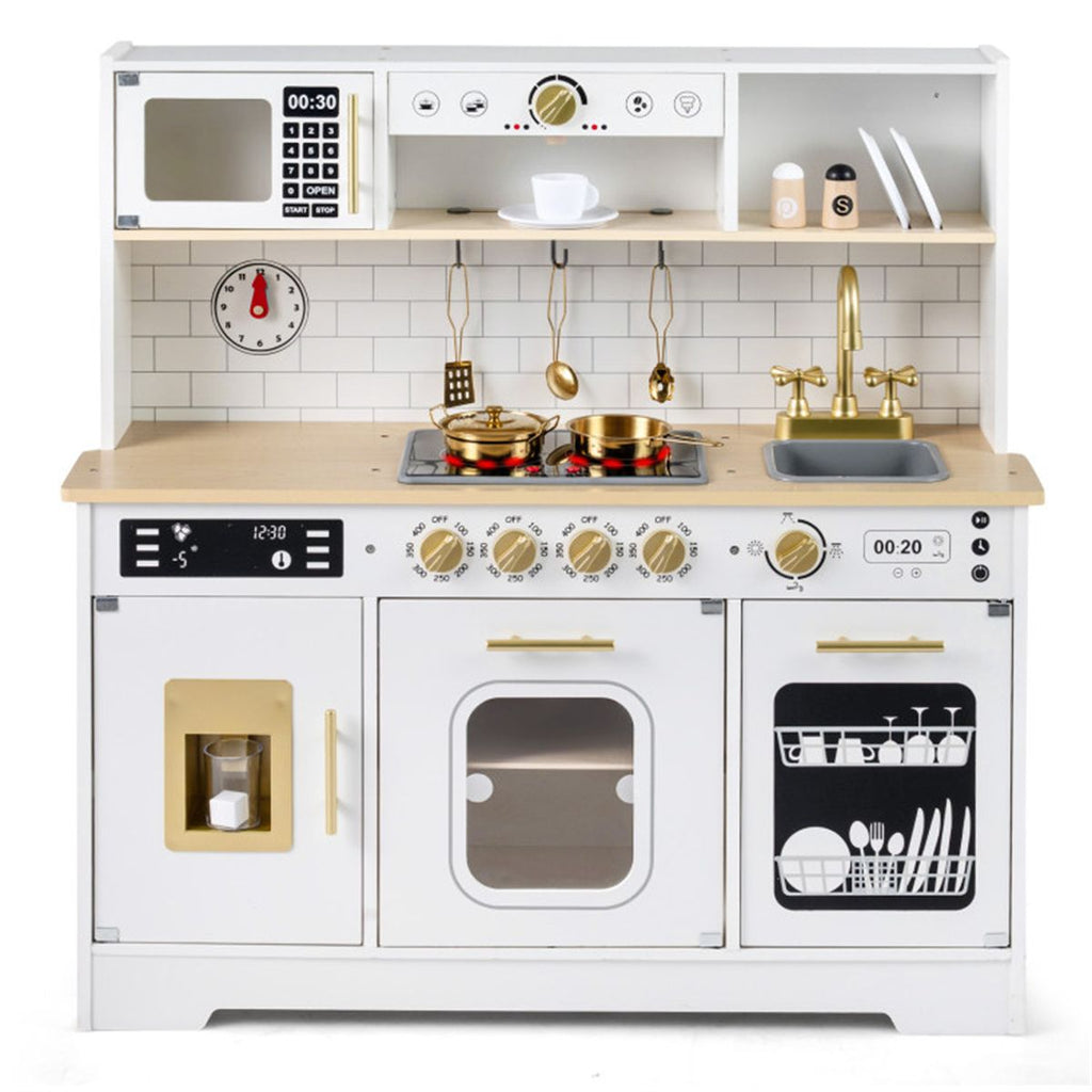inQ Boutique - Kids Wooden Play Kitchen with Realistic Lights & Sounds, Pretend Ice Maker & Storage for Toddlers Age 3+ - White