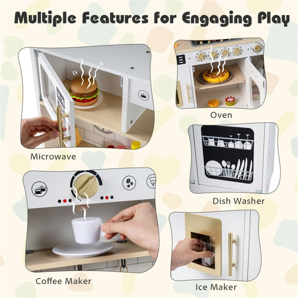 inQ Boutique - Kids Wooden Play Kitchen with Realistic Lights & Sounds, Pretend Ice Maker & Storage for Toddlers Age 3+ - White