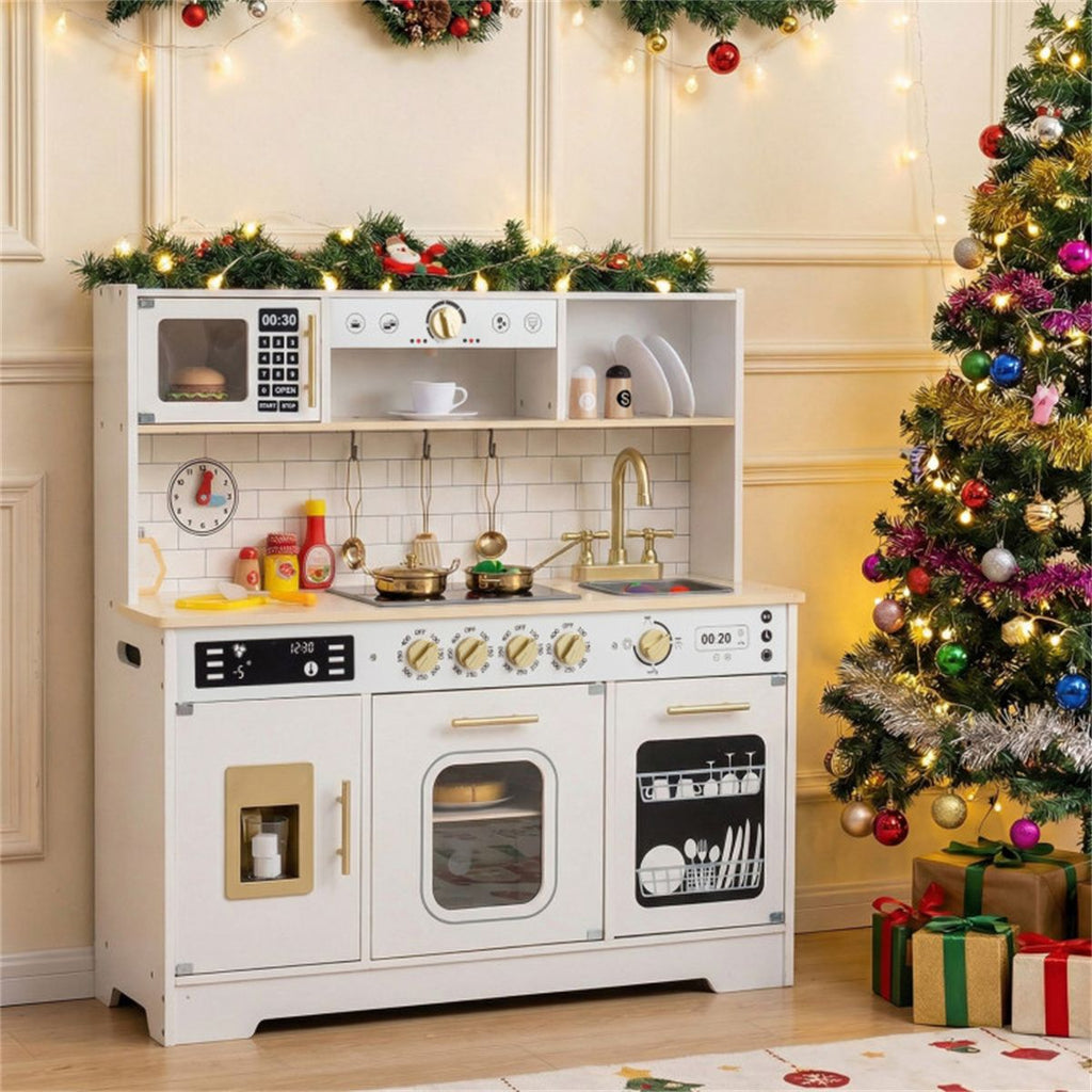 inQ Boutique - Kids Wooden Play Kitchen with Realistic Lights & Sounds, Pretend Ice Maker & Storage for Toddlers Age 3+ - White
