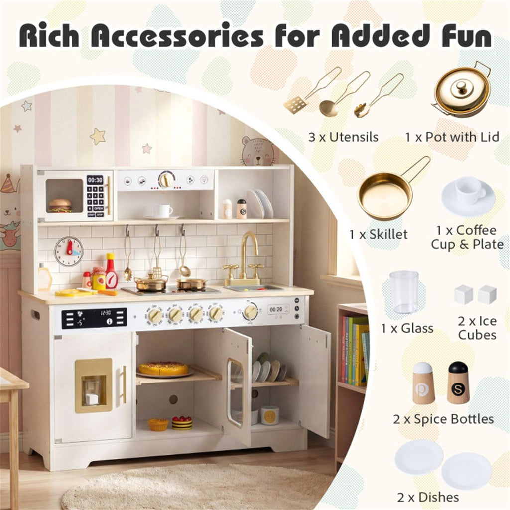 inQ Boutique - Kids Wooden Play Kitchen with Realistic Lights & Sounds, Pretend Ice Maker & Storage for Toddlers Age 3+ - White