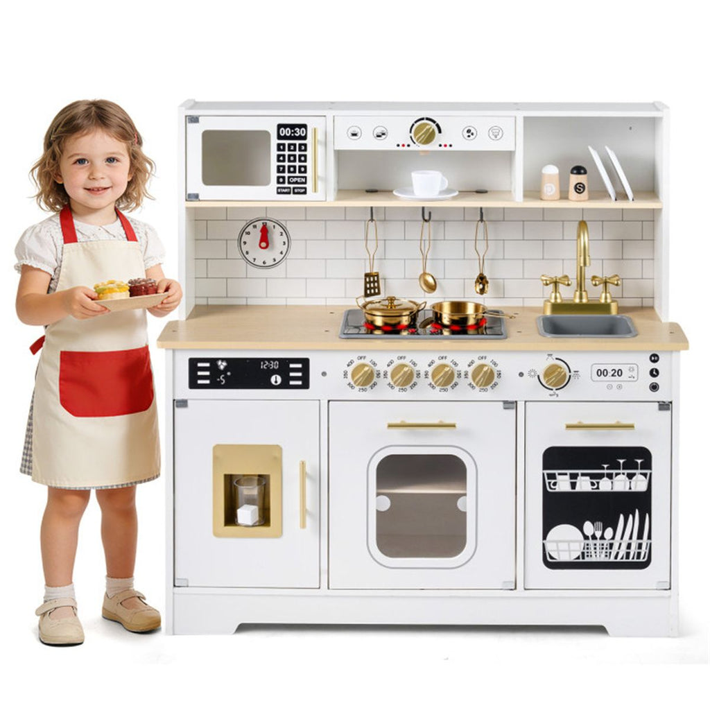 inQ Boutique - Kids Wooden Play Kitchen with Realistic Lights & Sounds, Pretend Ice Maker & Storage for Toddlers Age 3+ - White
