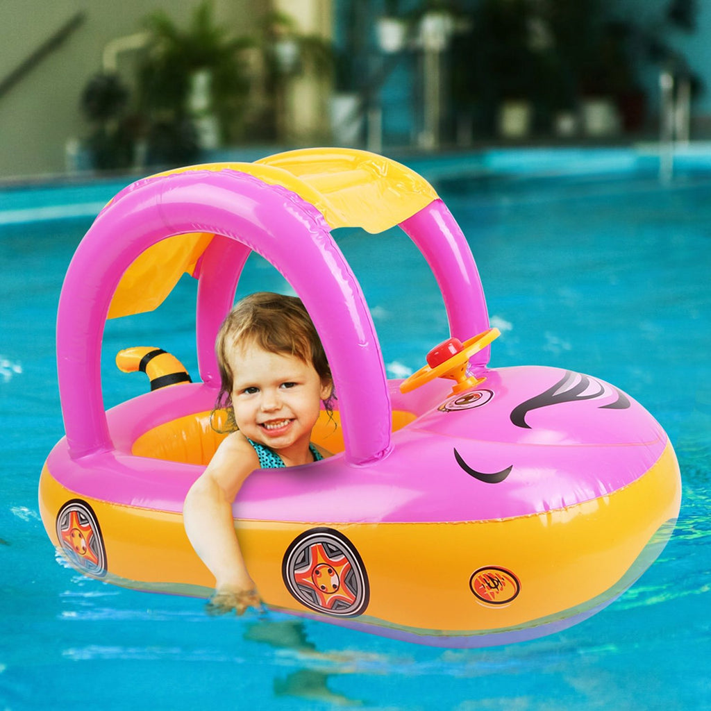 Eggracks by Global Phoenix - Baby Inflatable Pool Float Car Shaped Toddler Swimming Float Boat Pool Toy Infant Swim Ring Pool with Sun Protection Canopy for 1-3 Year-Old Kids Infant Toddlers