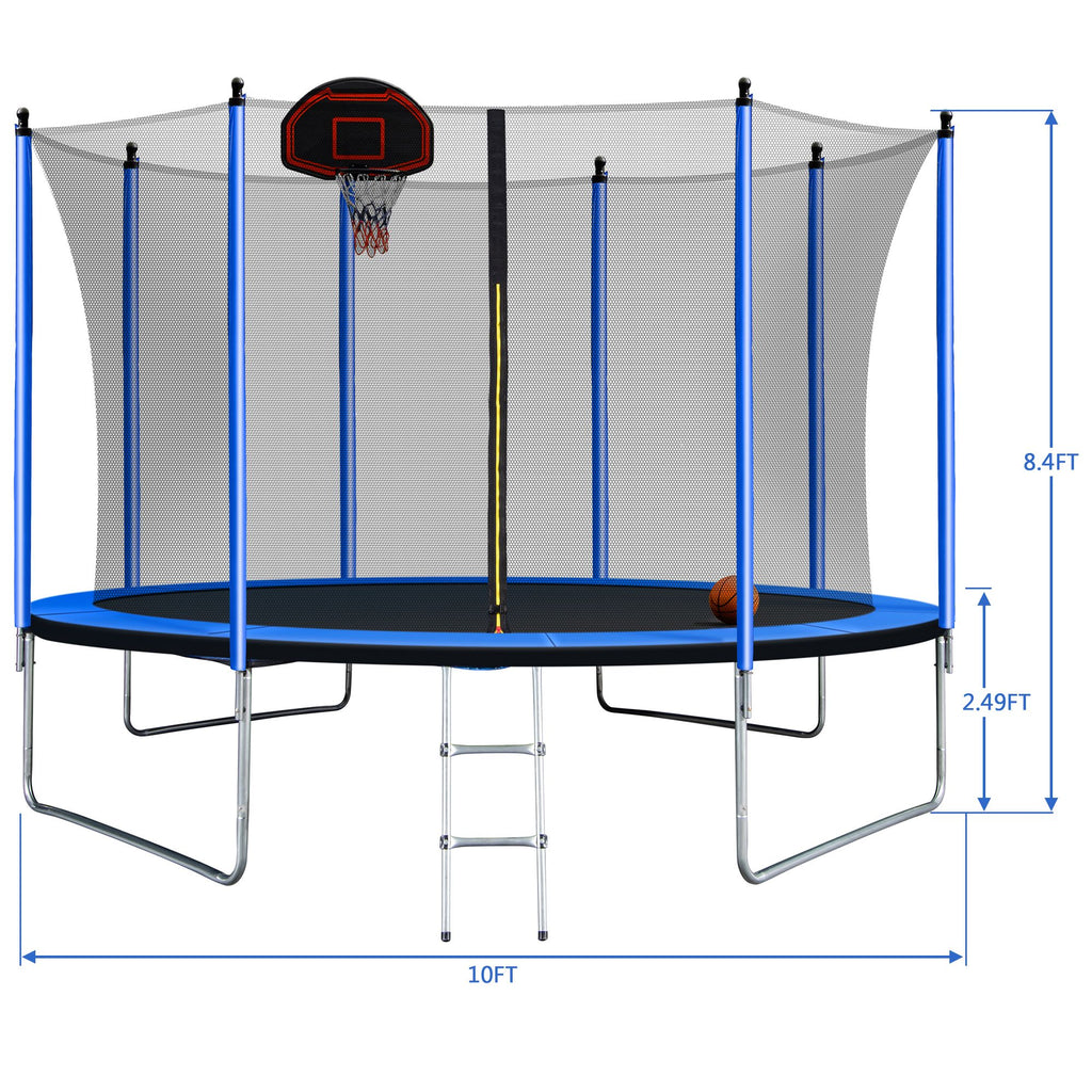 Yeah Depot - 10FT Trampoline with Basketball Hoop Inflator and Ladder(Inner Safety Enclosure) Blue