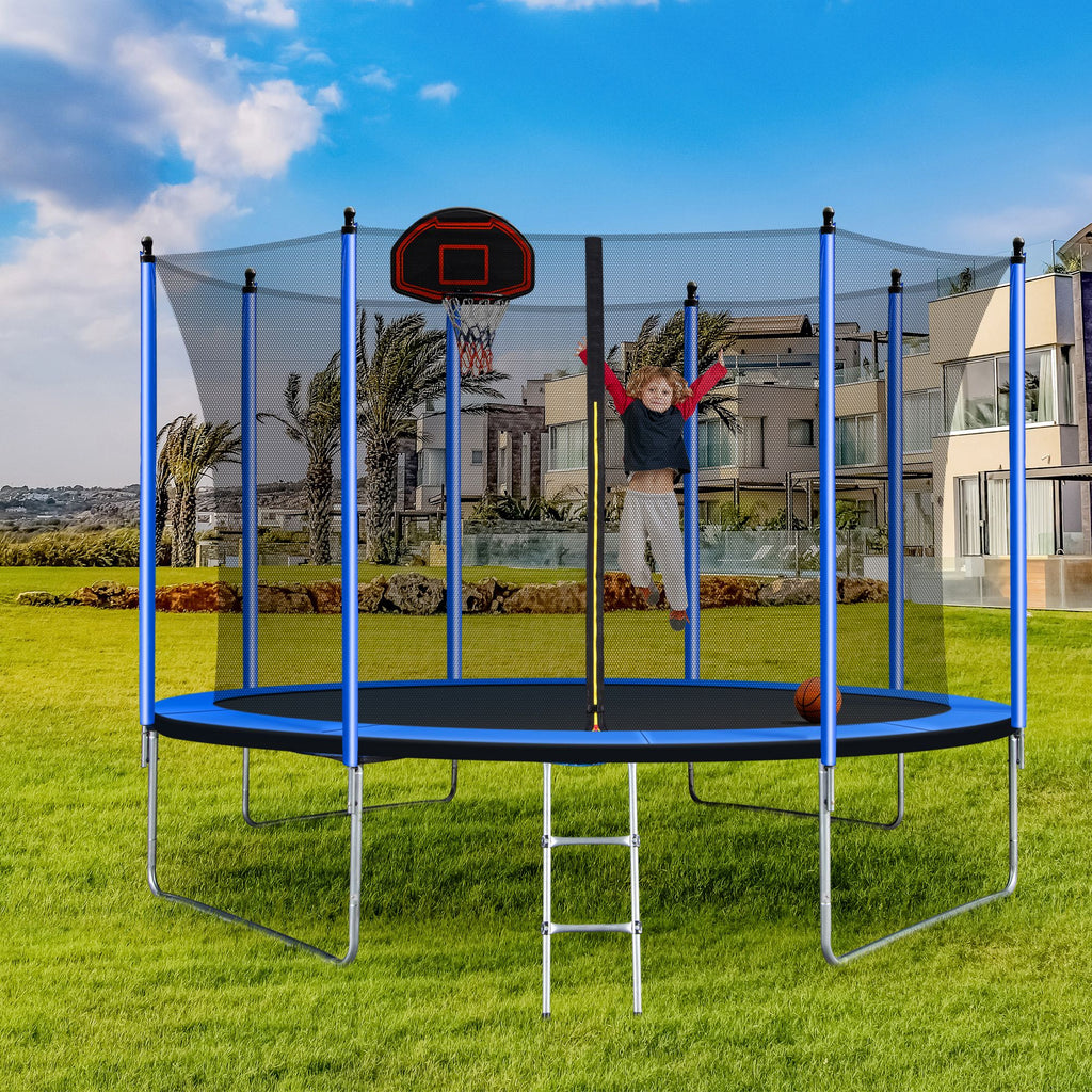 Yeah Depot - 10FT Trampoline with Basketball Hoop Inflator and Ladder(Inner Safety Enclosure) Blue
