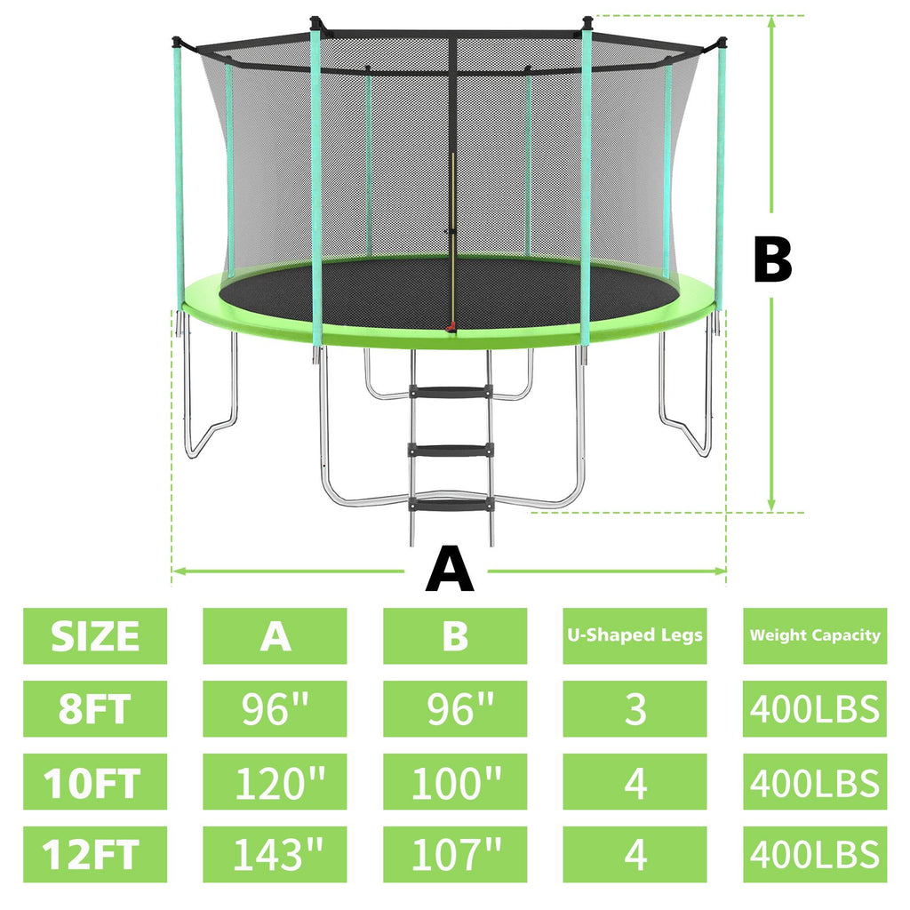 Yeah Depot - 8ft Green Trampoline with Safety Enclosure Net, Outdoor Trampoline with Heavy Duty Jumping Mat and Spring Cover Padding for Kids and Adults
