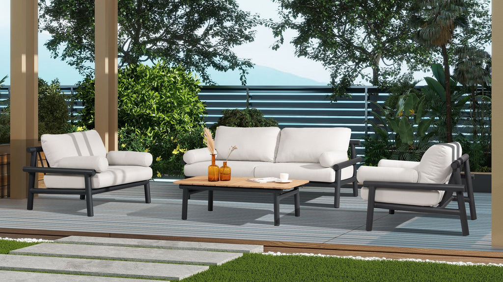 Yeah Depot - Zara 47'' Dowel Frame Patio Coffee Table with Teak Top, Black & Natural Aluminum & Teak