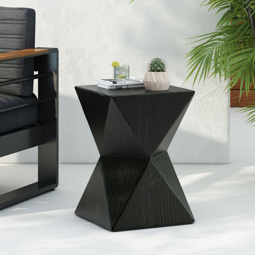 Yeah Depot - 14.25'' Black Concrete Side Table with Rustic Hand-Carved Texture and Unique Symmetric Form â€“ Weather-Resistant Accent for Patio, Garden, or Balcony
