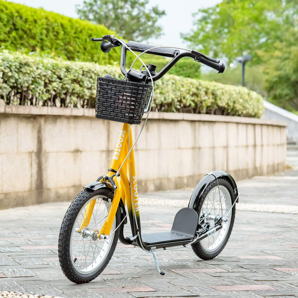 Yeah Depot - Aosom Youth Scooter, Kick Scooter with Adjustable Handlebars, Double Brakes, 16'' Inflatable Rubber Tires, Basket, Cupholder, Orange