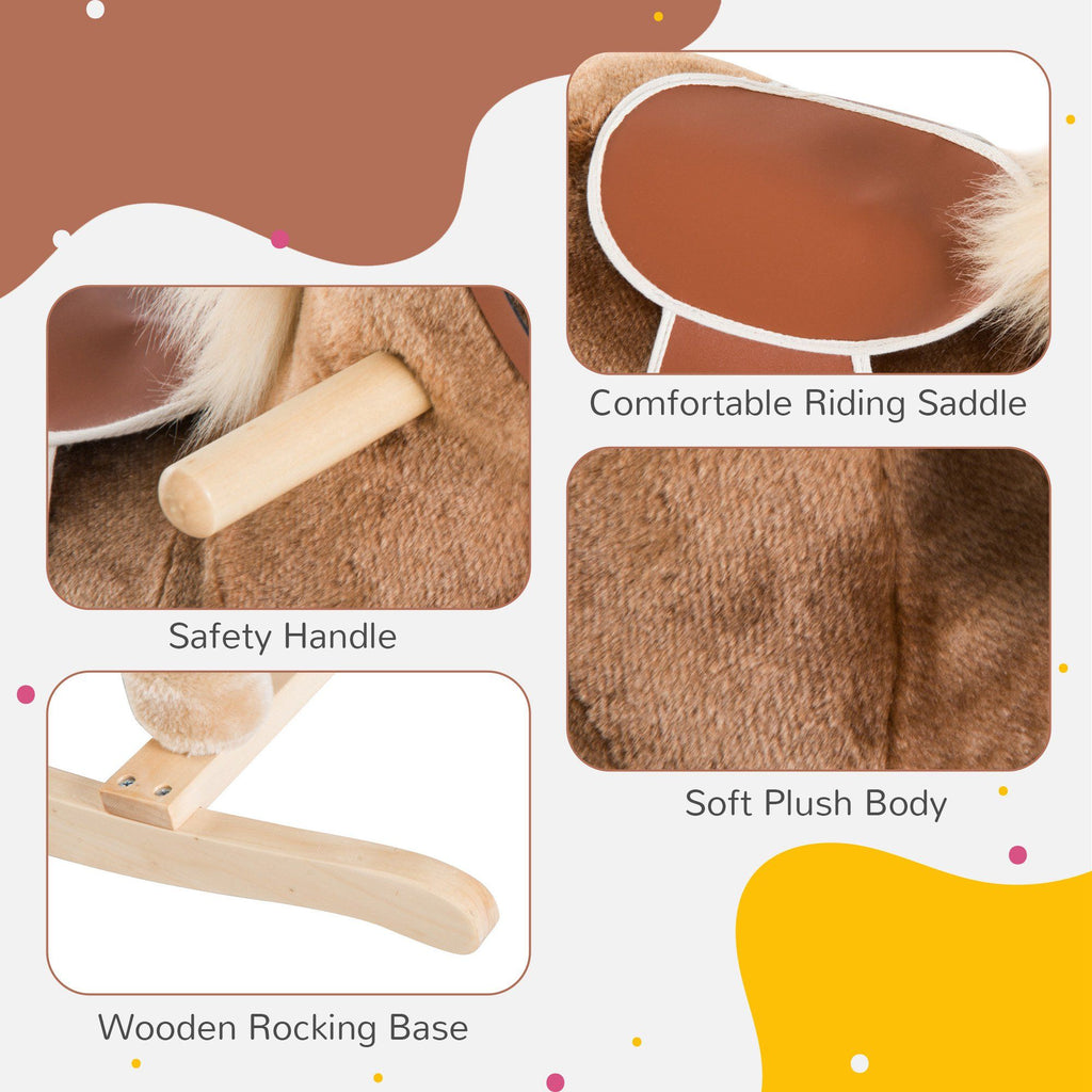 Yeah Depot - Qaba Kids Rocking Horse, Plush Toddler Rocker, Wooden Base Ride-On Toy with Handle Grip, Traditional Toy for Kids 36M+, Brown