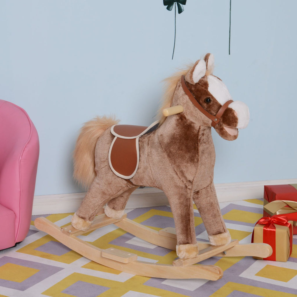 Yeah Depot - Qaba Kids Rocking Horse, Plush Toddler Rocker, Wooden Base Ride-On Toy with Handle Grip, Traditional Toy for Kids 36M+, Brown