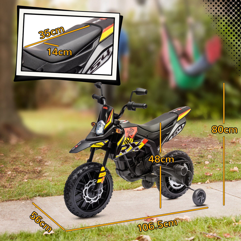 Yeah Depot - Qaba 12V Kids Motorcycle, Aprilia Licenced Electric Motorcycle for Kids with Training Wheels, Spring Suspension, LED Light, USB, Music, Battery Powered Electric Dirt Bike for Boys Girls, Yellow
