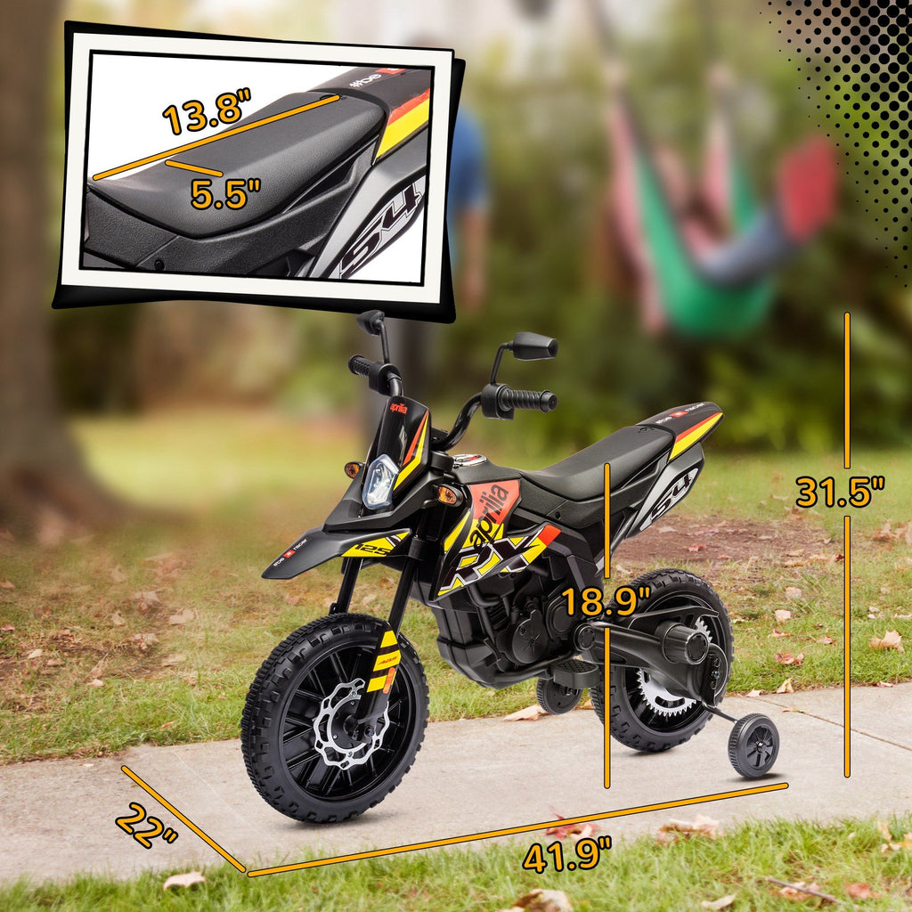 Yeah Depot - Qaba 12V Kids Motorcycle, Aprilia Licenced Electric Motorcycle for Kids with Training Wheels, Spring Suspension, LED Light, USB, Music, Battery Powered Electric Dirt Bike for Boys Girls, Yellow