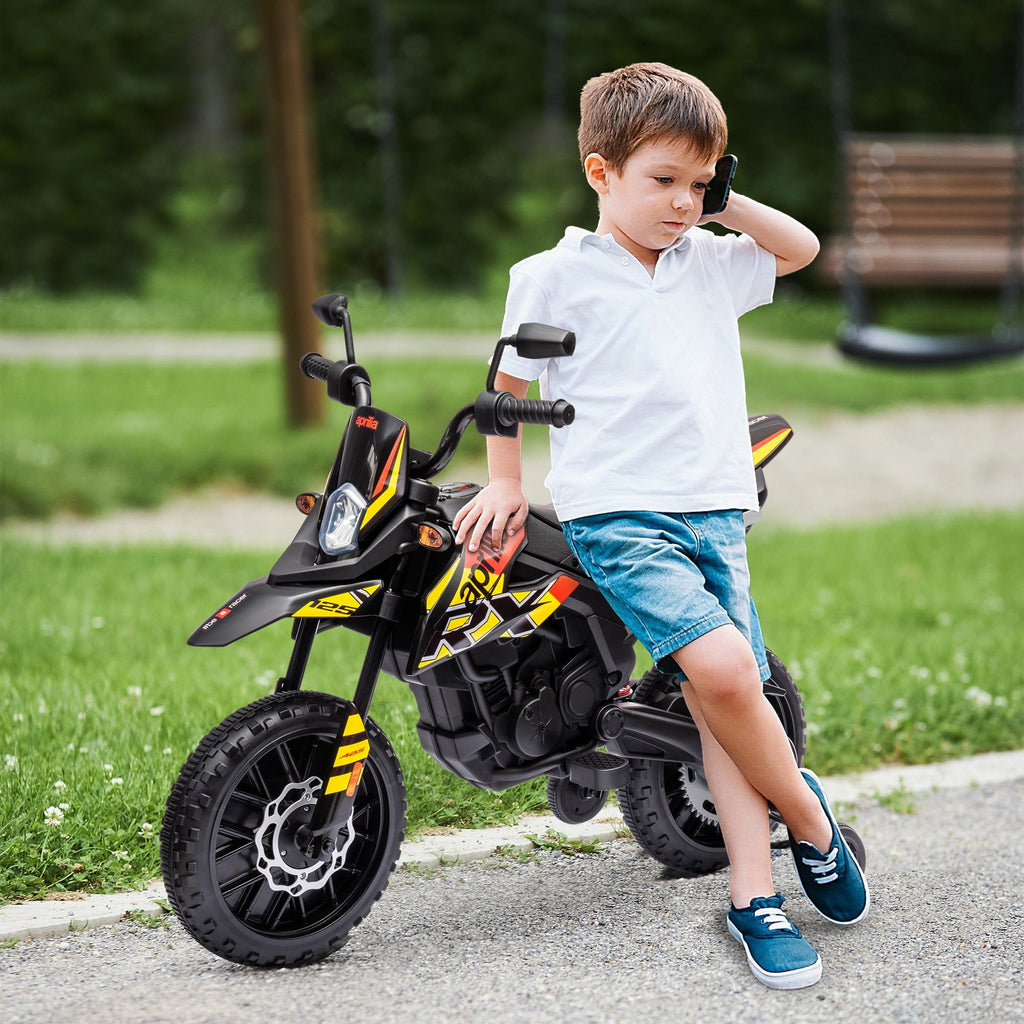 Yeah Depot - Qaba 12V Kids Motorcycle, Aprilia Licenced Electric Motorcycle for Kids with Training Wheels, Spring Suspension, LED Light, USB, Music, Battery Powered Electric Dirt Bike for Boys Girls, Yellow