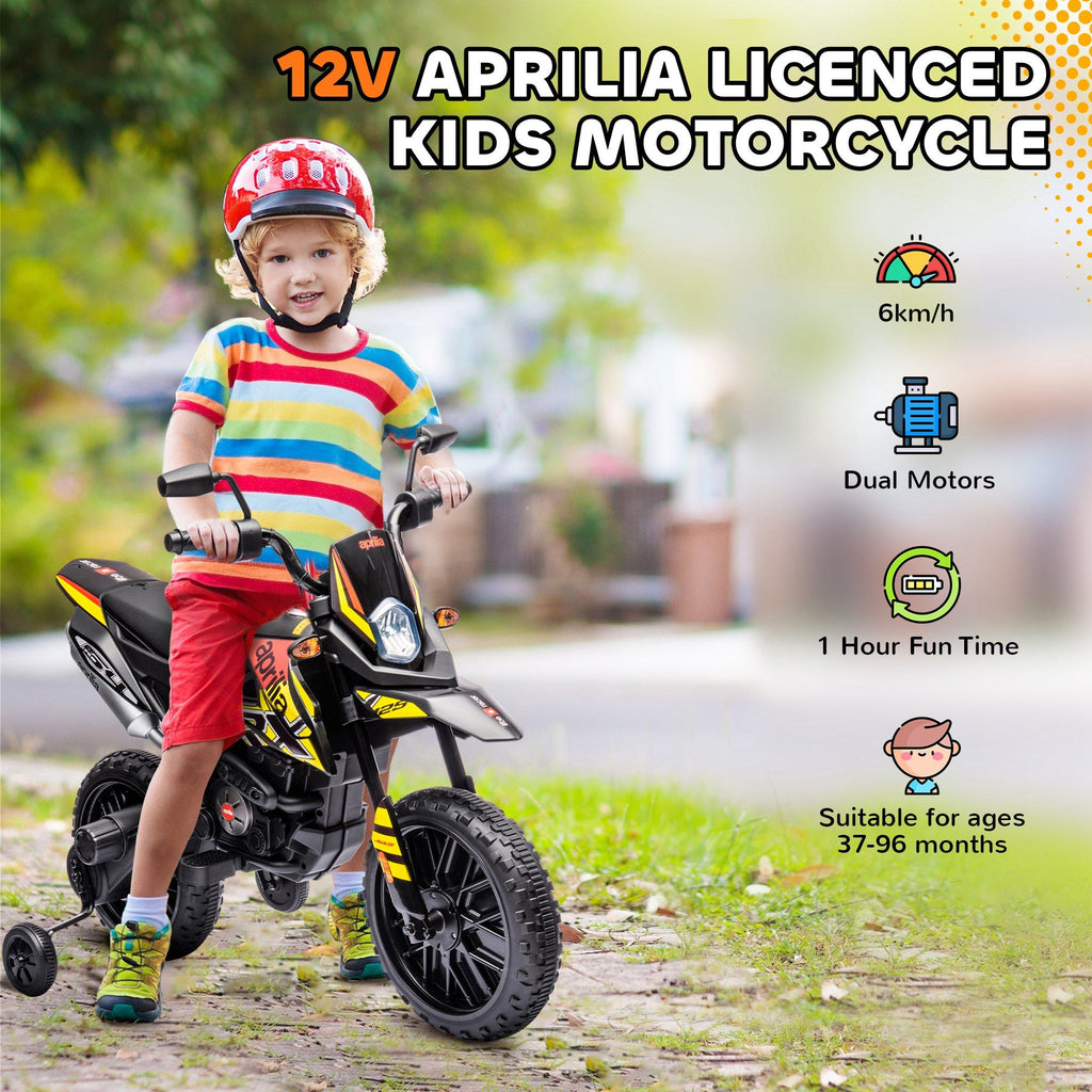 Yeah Depot - Qaba 12V Kids Motorcycle, Aprilia Licenced Electric Motorcycle for Kids with Training Wheels, Spring Suspension, LED Light, USB, Music, Battery Powered Electric Dirt Bike for Boys Girls, Yellow