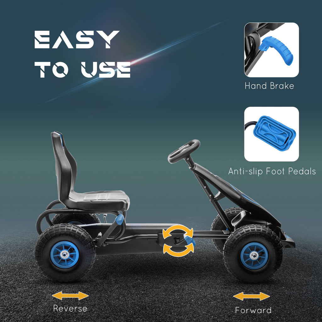 Yeah Depot - Aosom Kids Pedal Go Kart Ride-on Toy with Ergonomic Comfort, Pedal Car with Tough, Wear-Resistant Tread, Go Cart Kids Car for Boys & Girls with Suspension System, Safety Hand Brake, Ages 5-12, Blue