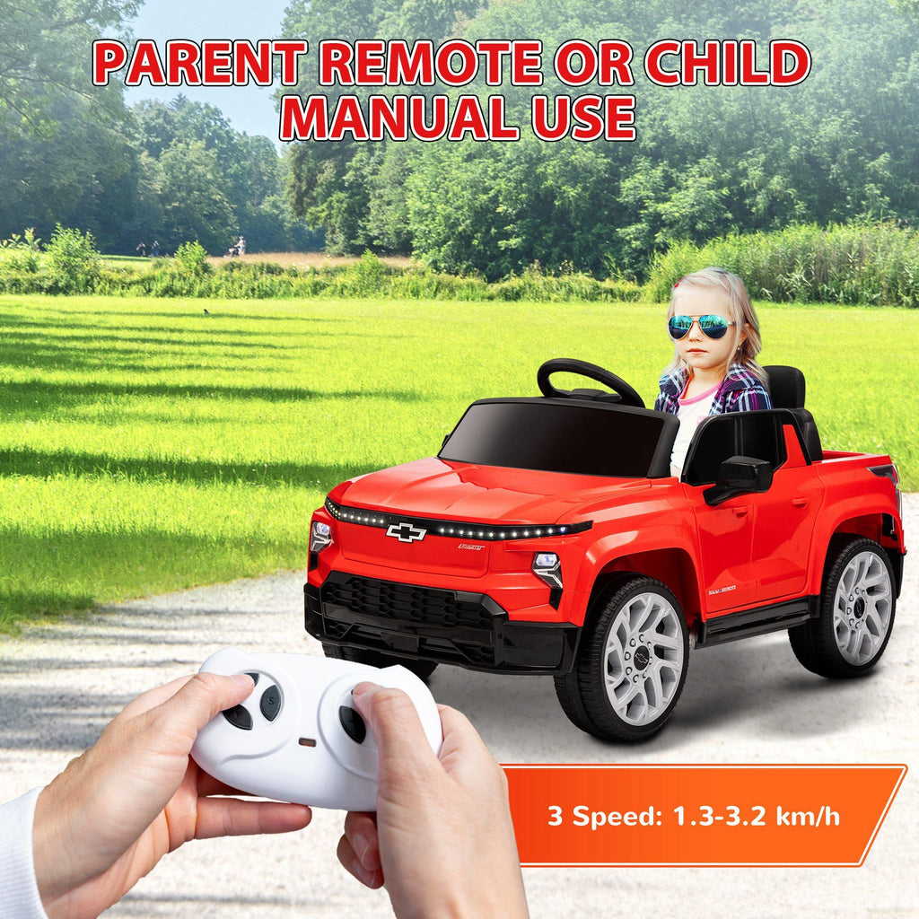 Yeah Depot - Qaba 12V Kids Electric Car, Chevrolet Silverado EV RST Licensed Ride on Car with Parent Remote Control, Spring Suspension, Soft Start, Training Wheels, LED Lights, Music, MP3, 3 Speed, Red
