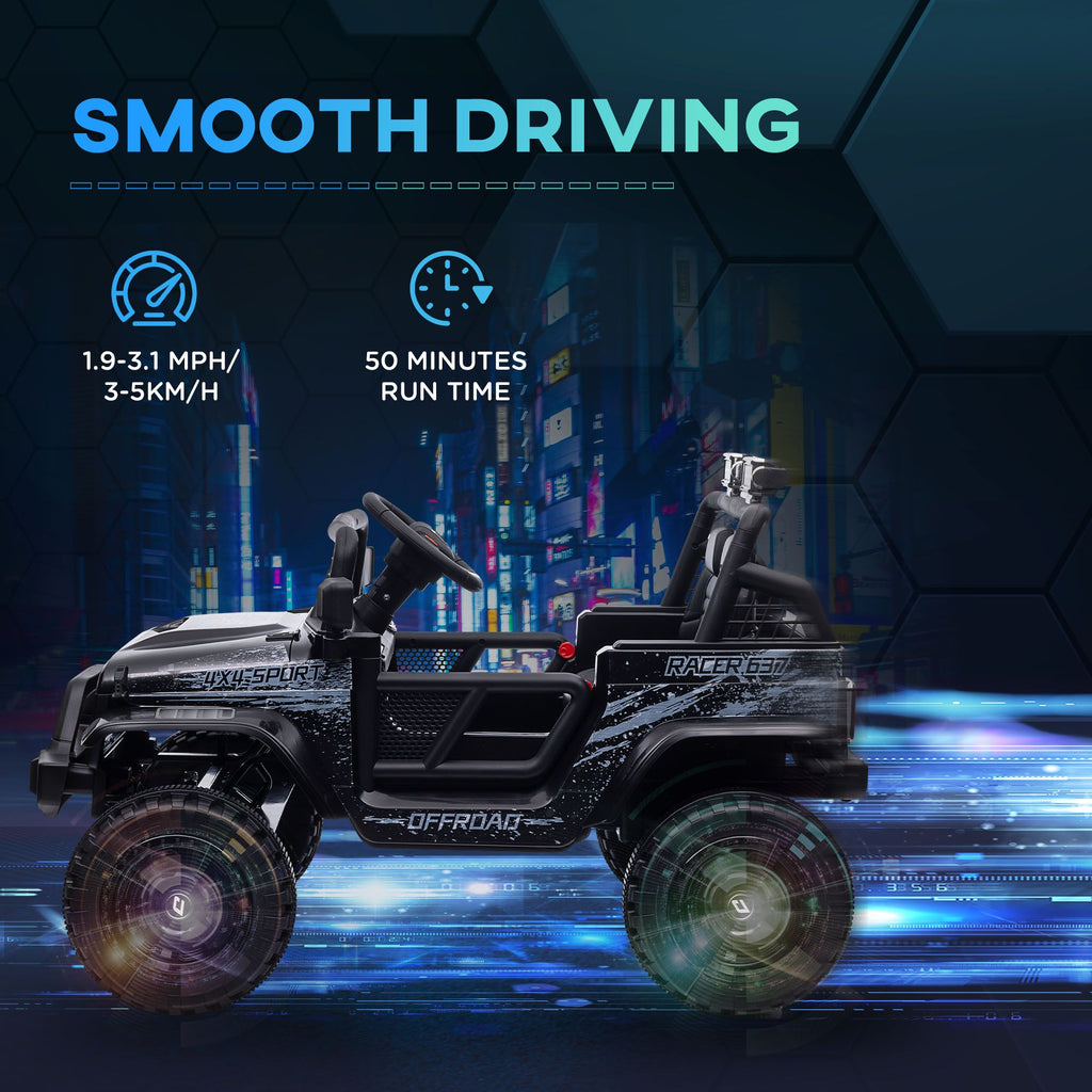 Yeah Depot - Qaba 12V Ride on Truck, Battery Powered Kids Electric Car with Parent Remote, 4 Suspension Wheels, 3 MPH Max Speed, Music, Horn & LED Lights for Ages 3-6 Years Old, Black