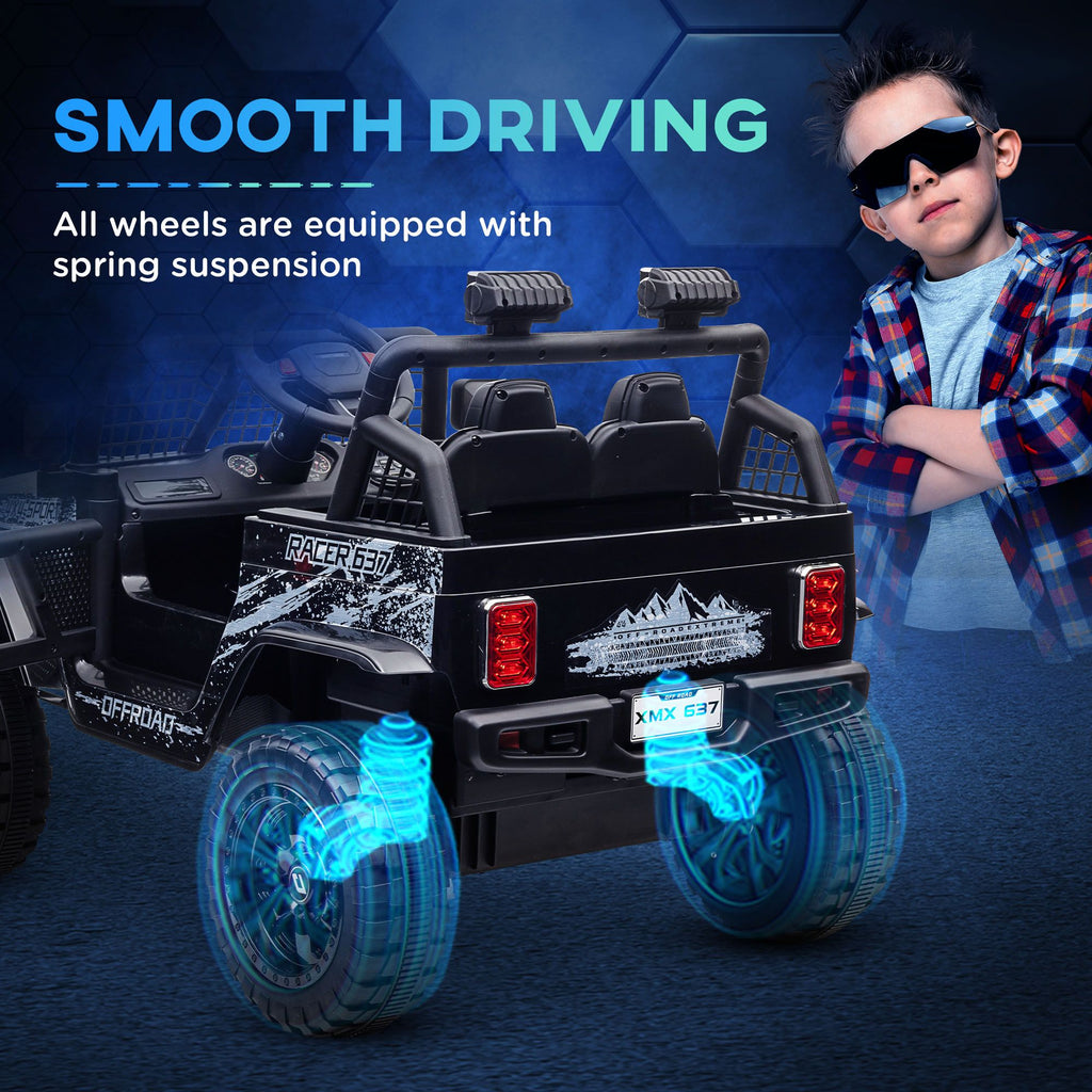 Yeah Depot - Qaba 12V Ride on Truck, Battery Powered Kids Electric Car with Parent Remote, 4 Suspension Wheels, 3 MPH Max Speed, Music, Horn & LED Lights for Ages 3-6 Years Old, Black