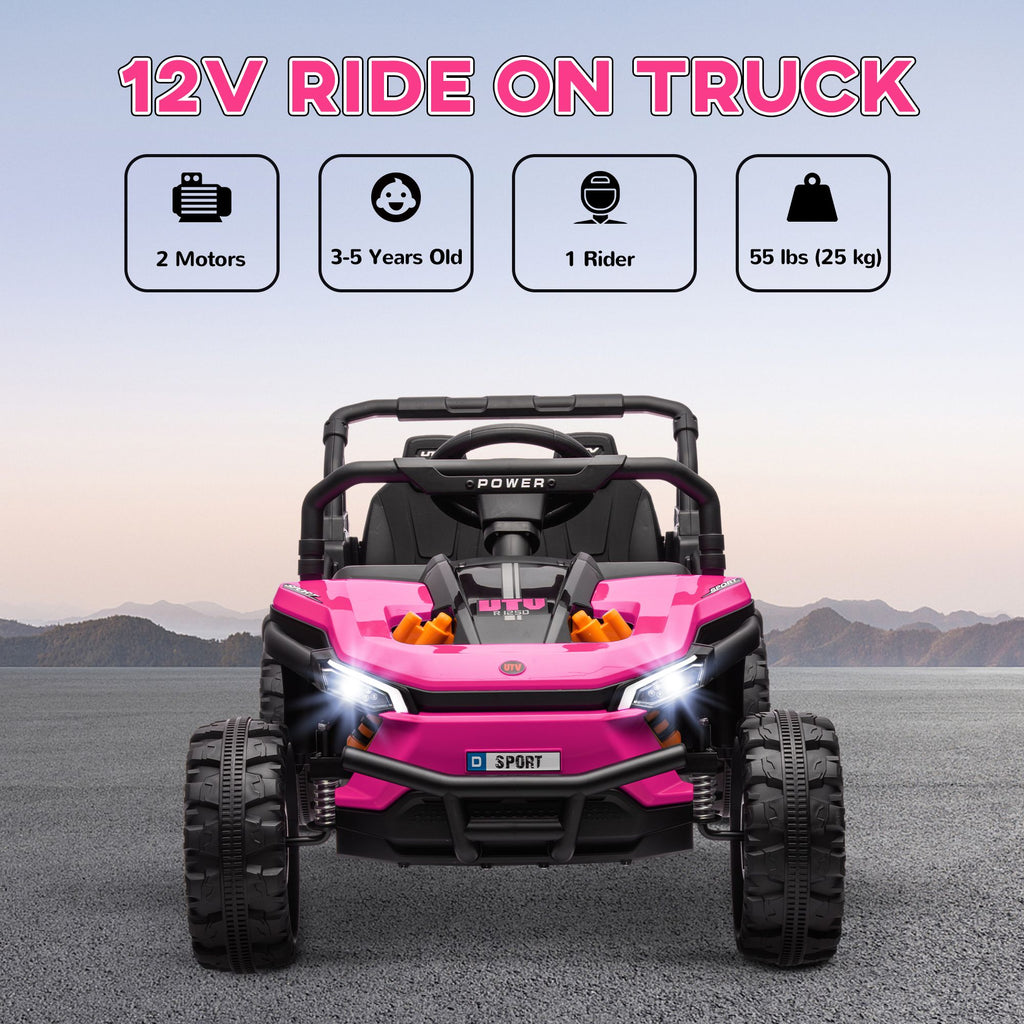 Yeah Depot - Qaba 12V Kids UTV, Battery Powered Ride on Truck, 3.7 MPH Off-Road Electric Car with Remote Control, 4-Wheel Suspension, LED Headlights, 3 Speeds, Horn & Music, for Boys and Girls, Pink