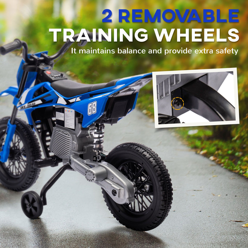 Yeah Depot - Qaba Kids Dirt Bike with Twist Grip Throttle, 12V Electric Motorcycle, Electric Bike for Toddler with Training Wheels, Rear Suspension & Music, Blue