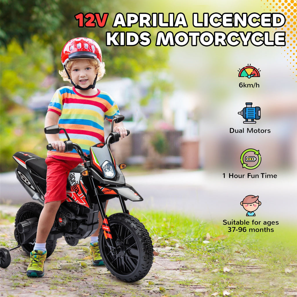 Yeah Depot - Qaba 12V Kids Motorcycle, Aprilia Licenced Electric Motorcycle for Kids with Training Wheels, Spring Suspension, LED Light, USB, Music, Battery Powered Electric Dirt Bike for Boys Girls, Red