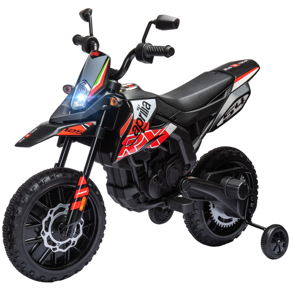 Yeah Depot - Qaba 12V Kids Motorcycle, Aprilia Licenced Electric Motorcycle for Kids with Training Wheels, Spring Suspension, LED Light, USB, Music, Battery Powered Electric Dirt Bike for Boys Girls, Red