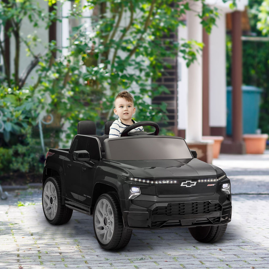 Yeah Depot - Qaba 12V Kids Electric Car, Chevrolet Silverado EV RST Licensed Ride on Car with Parent Remote Control, Spring Suspension, Soft Start, Training Wheels, LED Lights, Music, MP3, 3 Speed, Black