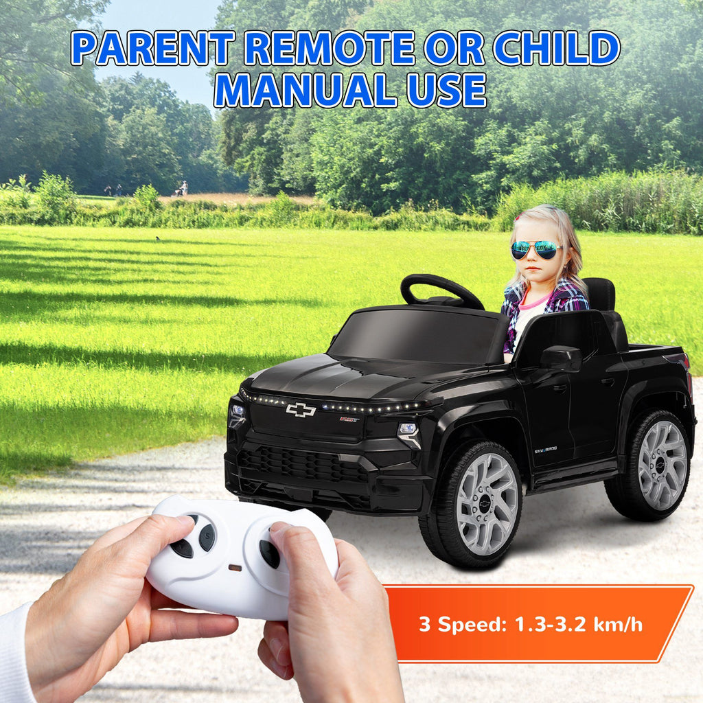 Yeah Depot - Qaba 12V Kids Electric Car, Chevrolet Silverado EV RST Licensed Ride on Car with Parent Remote Control, Spring Suspension, Soft Start, Training Wheels, LED Lights, Music, MP3, 3 Speed, Black