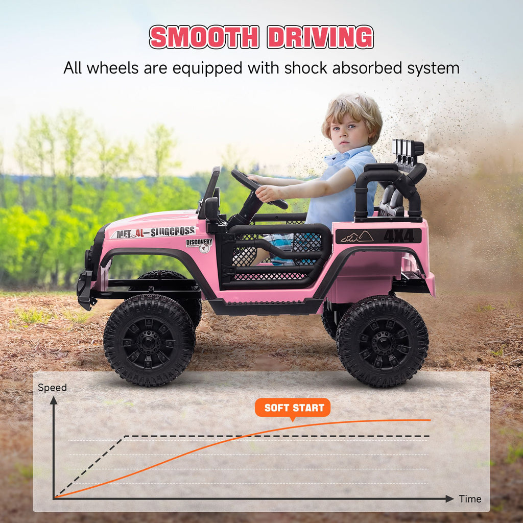 Yeah Depot - Qaba 12V Ride on Truck, Electric Car for Kids, Battery Powered Ride on Car, Parent Remote, 4 Suspension Wheels, Music Horn LED Lights, Pink