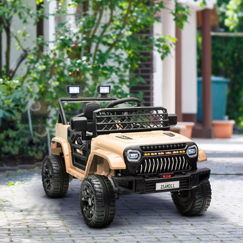 Yeah Depot - Qaba 12V Ride On Truck, Battery Powered Kids Electric Car UTV with 4 Suspension Wheels, Remote Control, 3 Speeds, LED Headlights, Horn, USB Music, Khaki