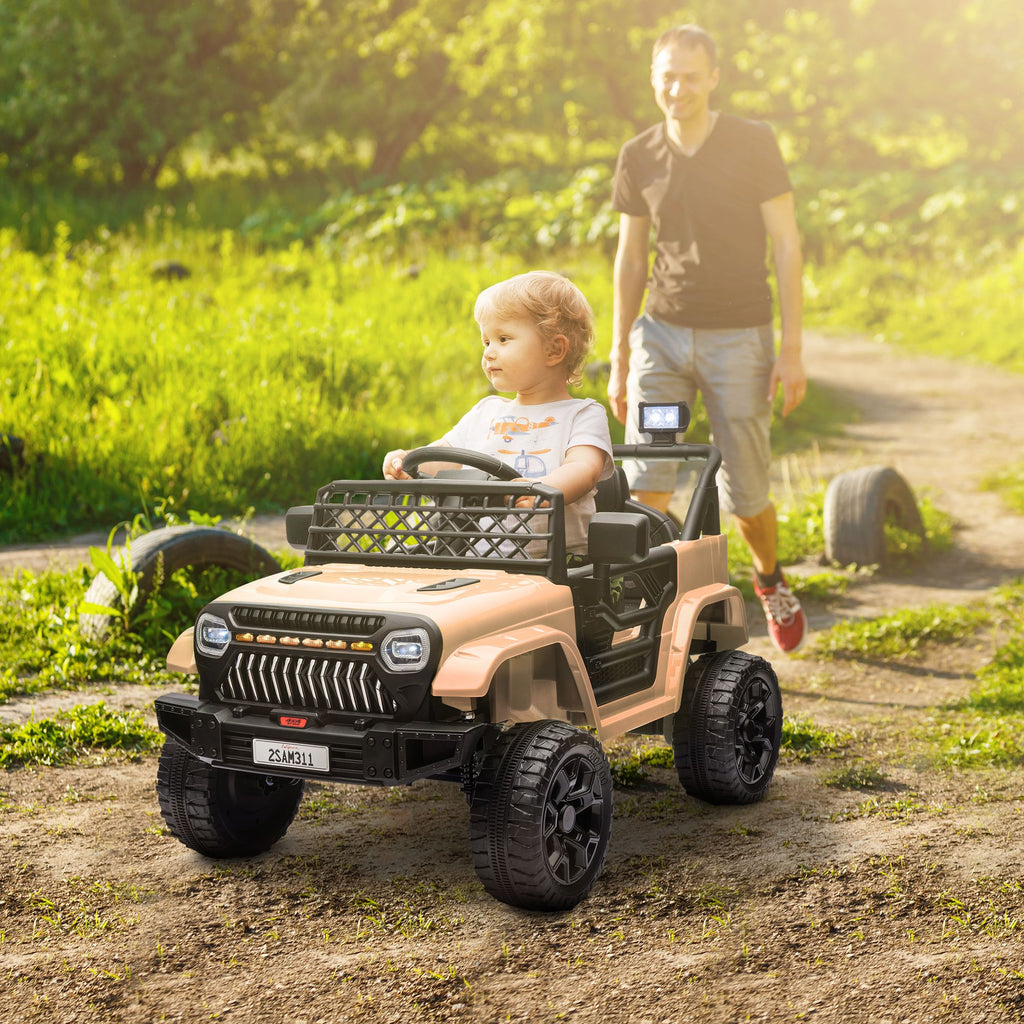 Yeah Depot - Qaba 12V Ride On Truck, Battery Powered Kids Electric Car UTV with 4 Suspension Wheels, Remote Control, 3 Speeds, LED Headlights, Horn, USB Music, Khaki