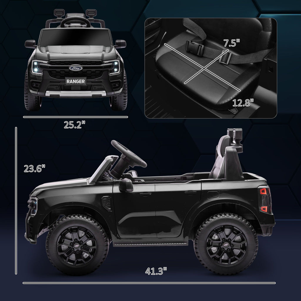 Yeah Depot - Qaba Ford Ranger Licensed 12V Kids Ride on Truck, Toddler Electric Car with Remote Control, Toy Storage, Spring Suspension, LED Headlights, Music Horn, for Ages 3-6 Years, Black