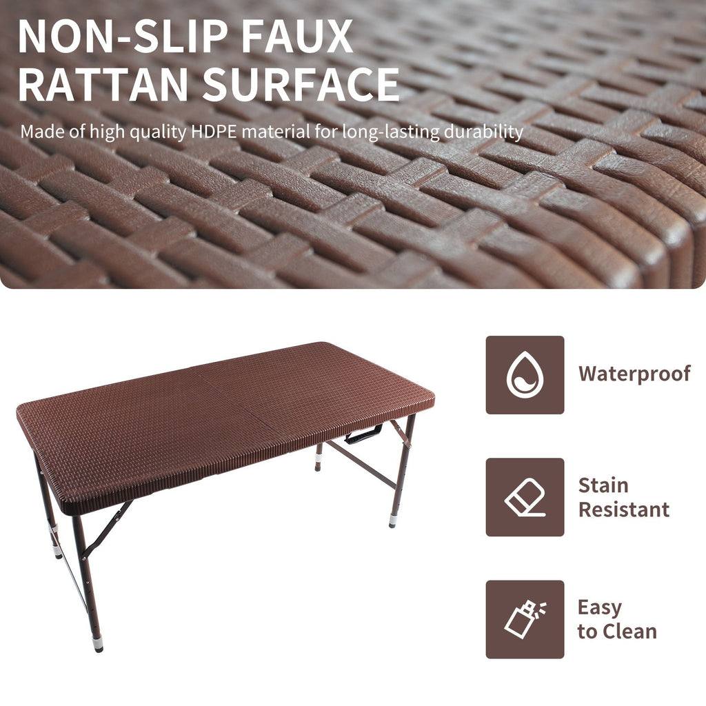 Yeah Depot - 4ft Rattan Folding Table for Indoor&Outdoor, Portable Foldable Table Rattan Plaited Brown